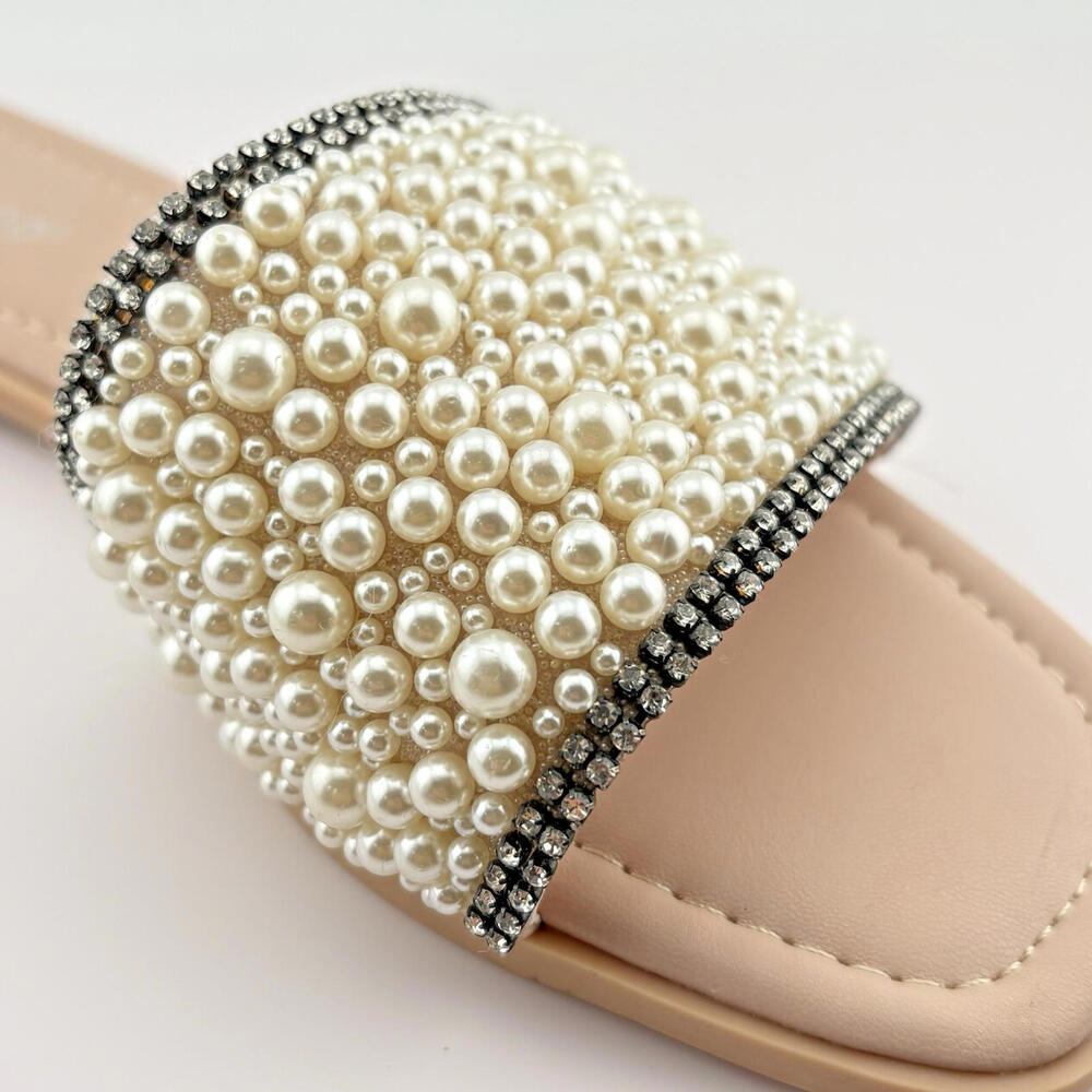 New Women's Jeweled Rhinestone Pearl Slide Flat Jelly Sandal Open Toe - Size 6.5 - Picture 4 of 10